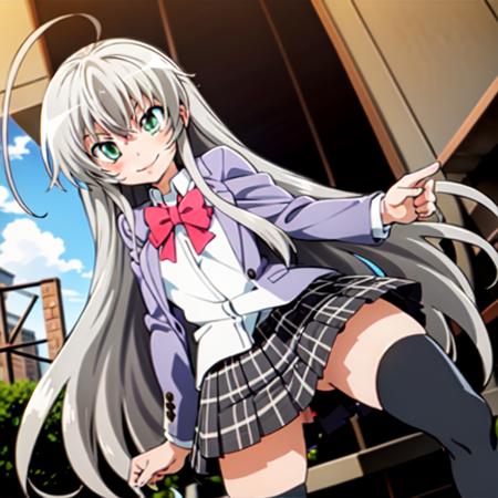 masterpiece, best quality, nyarlathotep \(nyaruko-san\), school uniform, bow, very long hair, thighhighs, ahoge, smile