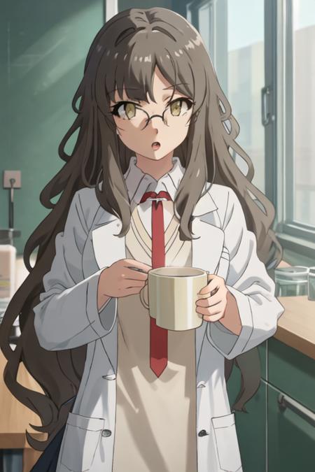 best quality, masterpiece, highres, solo, {futaba_rio_seishunbutayarou:1.15}, long_hair, brown_hair, brown_eyes, glasses, necktie, 1girl, cup, labcoat, mug, open_mouth