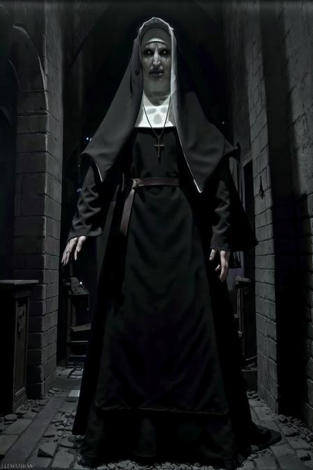 (best quality:1.2), (detailed:1.2), valak standing inside a gothic church, full body, looking at viewer, stunning environment, dark atmosphere, candles, chandeliers on ceiling, stained glass windows, photon mapping, radiosity, 8k, subsurface scattering, uhd, hdr, absurdres, dim lighting, darkness, ominous atmosphere, <lora:valak:1>, <lora:epiNoiseoffset_v2-pynoise:0.4>