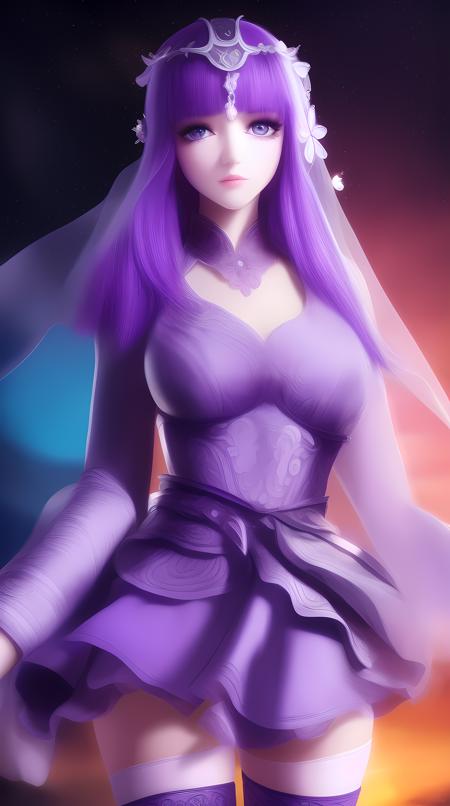 masterpiece, (best quality:1.4), (ultra highres:1.2),4K quality, (delicate illustration:1.4),(8k, RAW photo:1.2),1girl,veil,purple eyes, purple hair,  armor, dress,thighhighs, thigh boots, wide sleeves,<lora:shaosiming_13200:1>,cowboy shot,