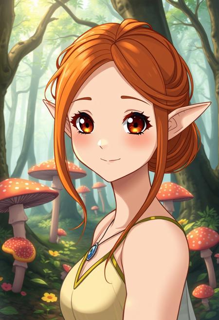 Prompt that will make Faeia laugh.
detailed anime shading, elegant adult elf woman with and orange hair, detailed eyes, kawaii face, view from front, round face, perfect cute face, facing viewer, head tilted to the side, smile, upper body,  closeup of face, standing, standing in magical forest of giant mushrooms,