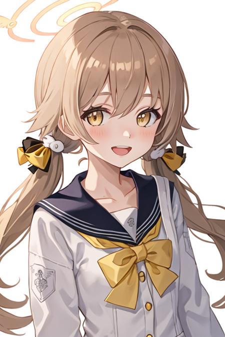 best quality, masterpiece, highres, solo, {hifumi_bluearchive:1.15}, long_hair, twintails, low_twintails, halo, yellow_eyes, light_brown_hair, blush, open_mouth, bangs, smile, collarbone, 1girl, hair_ornament, looking_at_viewer, portrait, school_uniform, simple_background, hair_between_eyes, sailor_collar, white_background