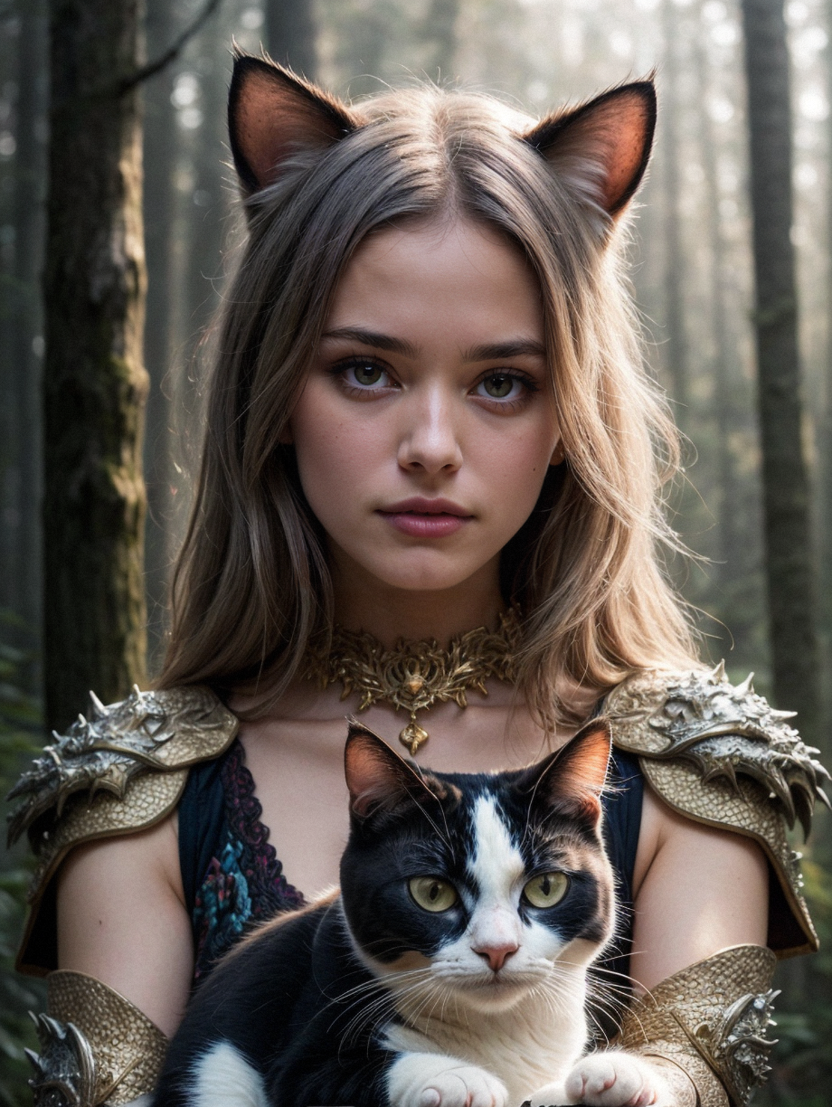Woman in a forest with cat ears and holding a cat.