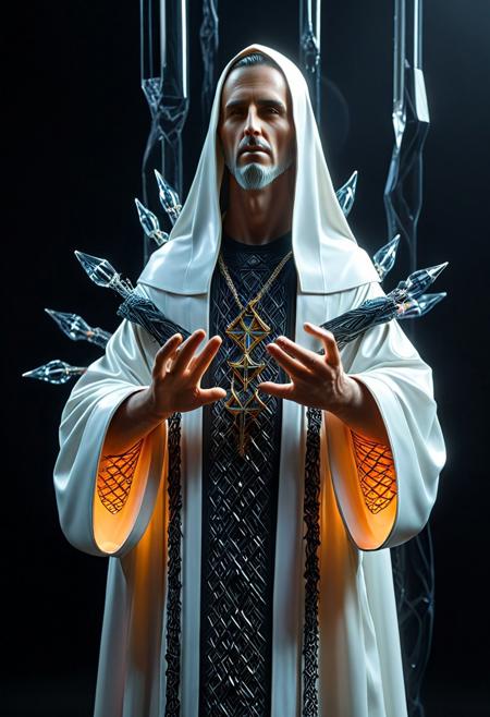 A towering, plastic-woven priest, its elongated form shifting between fluid motion and rigid structure. A prophet of synthetic faith, its mouth emits only static whispers, broadcasting incomprehensible truths through unseen frequencies. Its polymeric robes ripple like liquid, yet remain sculpted, forming intricate, unreadable symbols. Its hands, ever-morphing, stretch and collapse as if rewriting reality itself. Ultra-detailed, hyper-realistic, cinematic lighting, 8K, octane render, synthetic spirituality, eerie plastic prophecy, mesmerizing unnatural motion. novuschroma53 style, rp_slgd