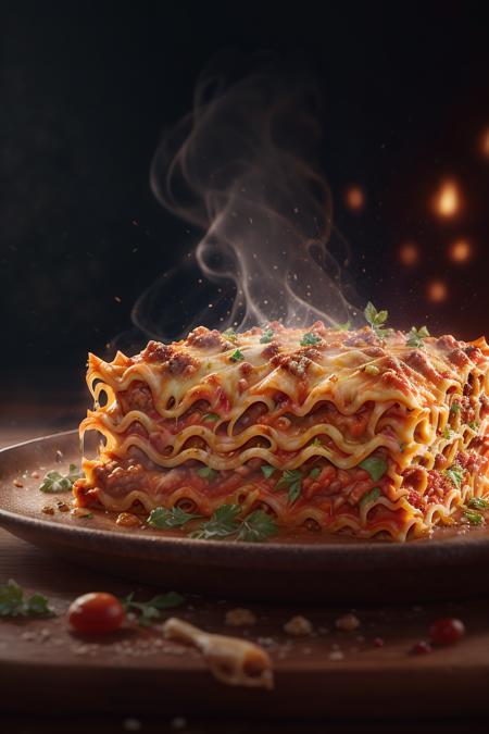 lasagna,  highly stylized, 4k, unreal engine 5 render, food art, food photography, realistic render, smoke, mist, dramatic lighting, cinematic lighting, rule of thirds, depth of field, cinematic bloom, art by fodm4st3r  <lyco:fodm4st3r:0.6>