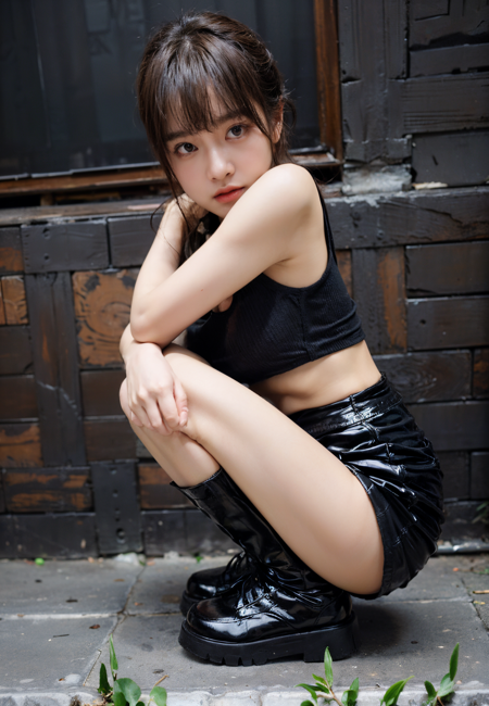 ((asian girl)),((black vest, bare shoulders, black skirt, black boots, squartting)), bright theme,(masterpiece),((ultra-detailed)), (highly detailed CG illustration),(expressionless), (best quality:1.2),(1girl:1.2),High quality texture, intricate details, detailed texture, High quality shadow, thin lips, brown eye pupil, depth of field, perspective,20s, (big eyes:1.2),blush,perfect body, lean body, (narrow waist:1.3), large breast, distinct_image, (lustrous skin), solo focus, (brown hair), (streaked hair), ((long hair)), <lora:add_detail:0.5>, <lora:GoodHands-vanilla:1>, <lora:detailed_notrigger:0.7>,  <lora:picxer_real:0.7>, <lora:zyd232_ChineseGirl_v4_2:0.6>, <lora:010:0.4>