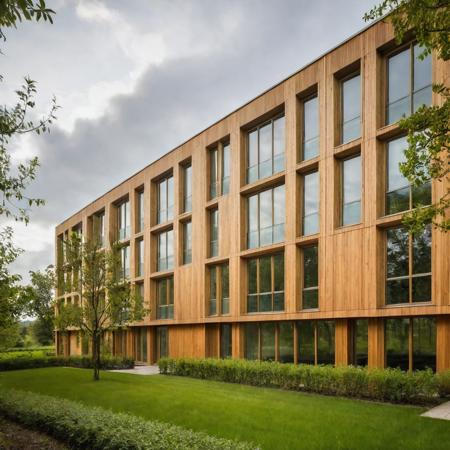 residence, a raw photo of Low-rise residential building with a natural wood facade, featuring large, evenly spaced windows that allow ample natural light. Set in a lush, green landscape with surrounding trees, enhancing the natural aesthetic. Overcast sky with soft lighting. Front view.<lora:epi_noiseoffset2:5> <lora:ModernArch_Residence_XL_V1:0.68>