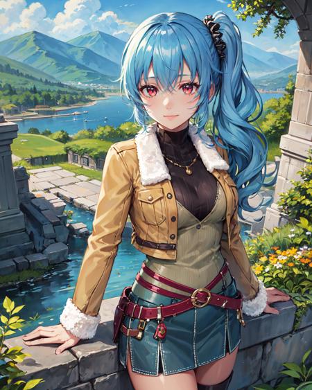 best quality, (masterpiece:1.2), illustration, absurdres,
(1girl), (solo), (beautiful detailed girl),  from above,
<lora:ClaireCasual-08:0.8>, blue hair, side ponytail, scrunchie, red eyes, medium breasts,
brown jacket, fur trim, green top, black collar, green skirt, belt, grey boots,
looking at viewer, gentle smile,
magical forest, flowers, fairy ring, glowing plants, ancient ruins, stone ruins, sky, clouds,