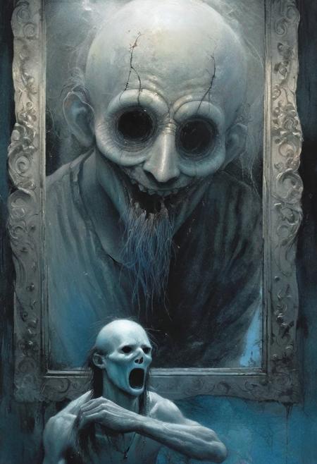 (a dramatic and disturbing illustration by Stephen Gammell, as a tormented soul:1.9), (a man looking at himself in the mirror, taking his human face off as if it were a mask:4.9), (emerging under skin, the human soul:5.6),  (perfect, clear skin, no blemishes or discoloration :1.3), (smooth and clear, visage, glowing aura around face, accentuate smile and eyes:1.1), (head bowed, smiling, looking up towards viewer in an evil conniving way:1.1), (change pose each iteration:1.2). (cosmic galaxy effects radiating off the body, hints of red magic coloring:0.5), (silver aura and bright:1.4), dusty, hazy, (black aura, blue aura, dark and damning aura:1.3), (deep blacks, lightly grim:1.1), (crab face, tentacles:1.5), (in the style of (Nychos:1.1) (ZdzisBaw BeksiDski:1.3) (Stephen Gammell:2.6)),
<lora:Fantasy_Wizard__Witches_SDXL:0.75>, hkmagic,
<lora:add-detail-xl:1.0>,
<lora:EnvyBetterHiresFixXL01:1.0>,
<lora:extremely_detailed:1.2>, extremely detailed,
