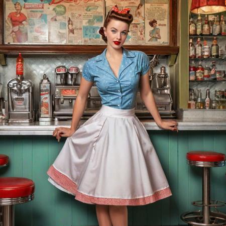 by james jean and norman rockwell, (realistic pin up illustration: 1.4), (hdr: 1.21), 4k, masterpiece, (high quality: 1.2), (detailed face: 1.2), (detailed eyes: 1.3), (Jama Williamson) wearing a 1950s style dress, 1950s style soda fountain setting,<lora:skirtlift-v1:0.7> skirtlift
