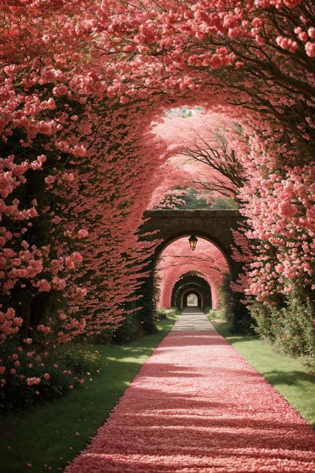 long natural tunnel made of blooming red and pink roses, soft golden light filtering through petals and leaves, pathway lined with scattered petals, gentle wind creating motion in the flowers, cinematic and romantic fantasy atmosphere, ultra high-resolution nature photography