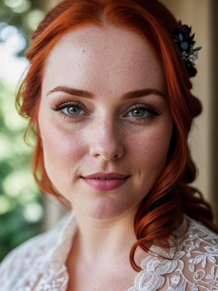 photo, close portrait, cute, cheeky, (intricate detailed eyes), 30 yo redhead scottish woman, thicc, close up, lace robes, (looking at the camera), intricate details, sweaty, skin imperfections, halo of light, midday sunlight spilling over face, face details, unbelievable intricate details, dark shadows, real lighting, bloom, volumetric lighting, cinematic lights