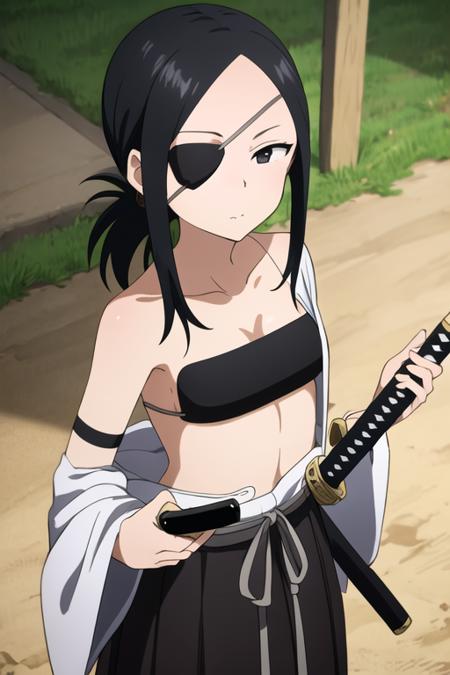 masterpiece, best quality, <lora:kunoichi_aogiri:0.7>  kunoichi_aogiri, 1girl, solo, black eyes, eyepatch, black hair, folded ponytail, breastplate, black skirt, looking at viewer, white kimono, katana, bare shoulders, delicated ilumination