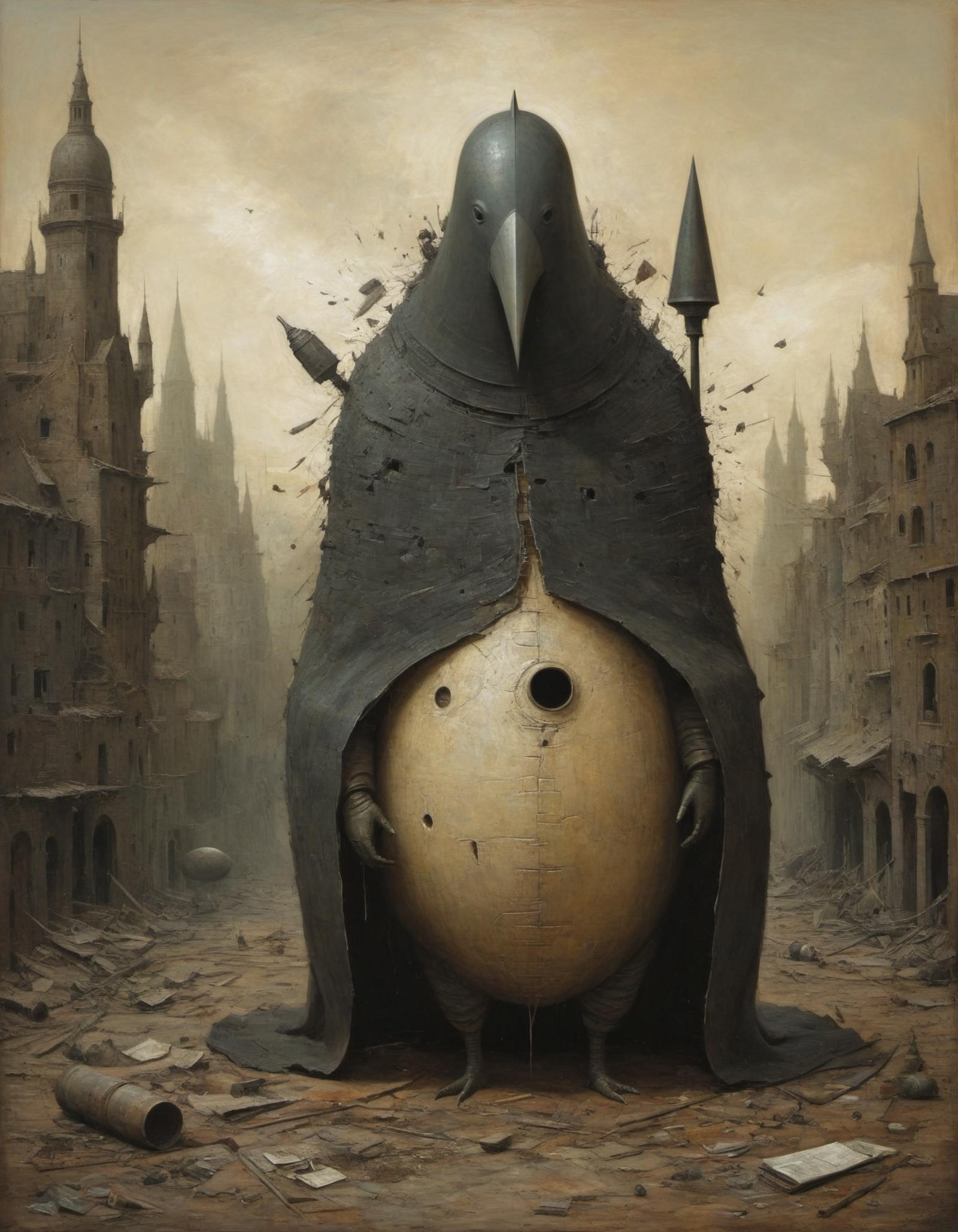 A Dark Fantasy Artwork of a Bird-like Figure with an Egg and Sword