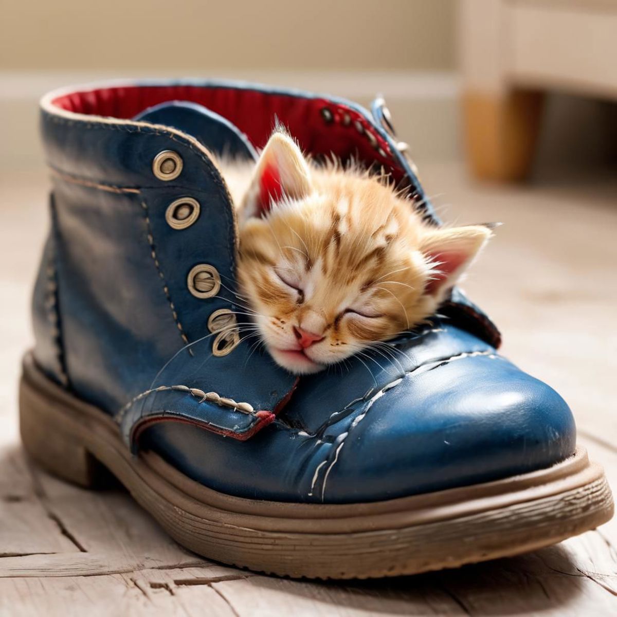 A small kitten sleeping inside a blue boot.