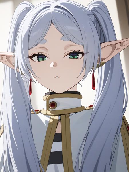 (frieren, pointy ears, elf, earrings, twintails, parted bangs, grey hair, thick eyebrows)