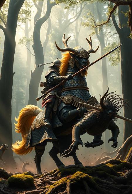 A Samurai in Full Armour with Mask and Swords, ornate, battle-worn armor rides atop a majestic Kirin through a misty Japanese forest. The Kirin’s scales resemble dark lacquer edged with shimmering gold, giving it a regal, polished appearance. Its large, elk-like antlers gleam in gold and silver, catching the dappled sunlight breaking through the dense canopy. The Kirin’s golden mane flows like liquid fire as it charges forward with an aura of divine power. The Samurai, gripping a long Japanese spear (Yari), delivers a decisive strike to a Demonic (hkwarrior) with wild hair and sharp claws, mid-attack. The forest is alive with towering trees, moss-covered roots, and swirling mist, framing the dramatic and mystical battle. Kodama, can be seen peeking from the branches of trees and on the ground,