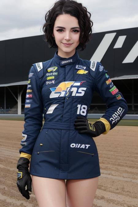 (photo of <lora:ellahunt-09:0.8>, ellahunt), a woman, (cowboy shot, waist, hips, thighs):1.2), ((outdoors, nascar racetrack, daytime):1.2), ((short hair)), ((standing)) ((nascar uniform, gloves)), (lipstick, eyeliner, eye shadow), perfect hourglass figure, petite, smile, ((detailed eyes, detailed face):1.3)(masterpiece:1.2)