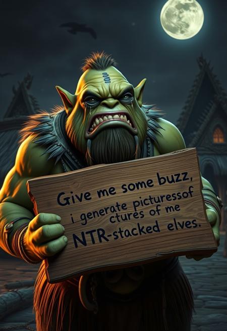 First - Big ugly fat smelly green tall orc crying and wailing while holding wooden sign that reads "Give me some buzz so i generate pictures of me NTRing stacked elves"
Second -  The background features an orc village with tribal buildings at night, The scene is photorealistic, capturing the texture of the orc's skin and the details of the environment, crying, tears, with the orc is standing with tears running through his face as he presents the sign."
Raw, realistic, 4k, masterpiece, moonlight lighting