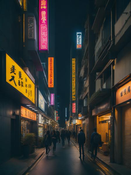 <lora:NeonNight:1>a group of people walking down a street next to tall buildings