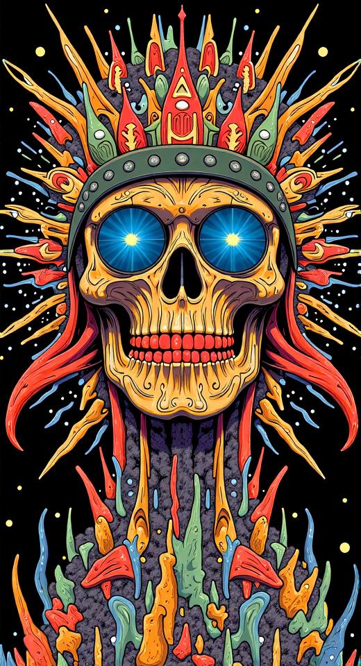 This stylized illustration presents a striking and visually captivating composition that appears to draw inspiration from underground subculture. The central figure, depicted as an enigmatic skull sporting goggles over its empty sockets, is embellished with intricate patterns resembling the tentacles of an octopus or a similar creature in vibrant hues and dynamic shapes that appear to be dripping color like paint. The subject's eyes are outlined by radiating lines suggesting they emit their own luminescence, enhancing the eerie yet captivating ambiance. Behind this grim figure lies an array of splashes in bold colors which cascade and intertwine downward along a rocky or industrial-themed background reminiscent of graffiti artwork often associated with rock or heavy metal scenes. This striking visual blends tattoo imagery, graphic design elements, and abstract forms to evoke the intensity and rebellious spirit characteristic of these music genres' subcultures. <lora:flux.1_lora_flyway_Epic-detail_v2:1>