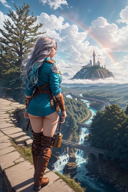 colorful, <lora:Fantasy-Magic-V1:1>, cityscape, city, cloud, scenery, skyscraper, building, cloudy sky, sky, long hair, from behind, outdoors, bird, ruins, 1girl, sunlight, tower, facing away, city lights, green hair, water, sunbeam, light rays, bridge, post-apocalypse, tree, backpack, very long hair, lens flare, knee boots, mountain, river, waterfall, white hair, solo, weapon, skyline, rainbow, neon trim