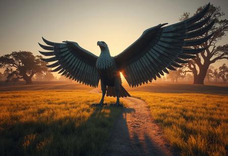 epic details A colossal, imposing bird sculpture, crafted from weathered metal & aged wood, wings dramatically spread, head turned left, poised in a vast grassy field. Surrounded by a winding dirt path, ancient trees form a natural backdrop. Cinematic golden hour lighting, volumetric rays, rich harmonious palette. Ultra-detailed, intricate textures, sharp focus. Matte painting quality. Masterpiece composition, creative angle, Golden Ratio. Octane Render, Unreal Engine 5, Houdini Style, CGSociety, trending on Artstation.