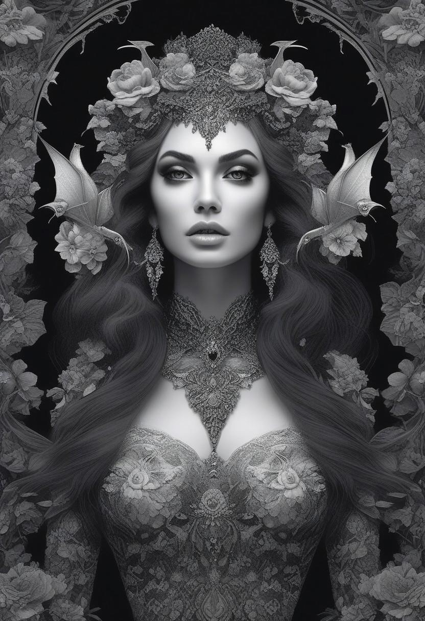 8k, masterpiece,  Claudia an evil beautiful vampire woman, primordial, masterpiece, best quality, ultra-detailed, extremely detailed, perfect artwork, intricate ornament dress. night flowers, bats, flawless colors, tilted angle,  details, detailed, scenery, monochorme,