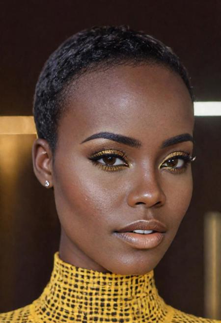 an eye contact of a Ugandan woman, (black skin:1.3), yellow spotlight, dark theme, lonely, Lavish, Matte black eyeshadow with a cut crease, metallic lipstick, golden ratio, Almond-shaped eyes, Freckles, indietronica, soft lighting, bokeh, selfie at work, strong feminine, business, office, (formal clothing:1.2), cleavage, 20 Years old, Skinny, Busty thighs, Bangs, beautiful, sports photography, nice tits, wide hips, slim waist, thick, big ass, horny, fitness, gym, nike leggings, camel toe, exercise clothing, wedgie, oiled, tight, brown hair,