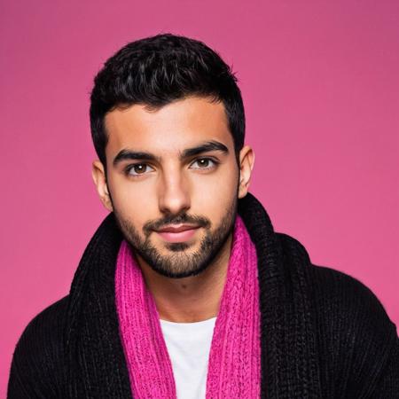 photo of a young 23-year-old Arab-Israeli man. He has crew cut black hair, French crop haircut, and a small black beard and brown eyes. His skin is brown. He's wearing a black cotton cardigan and an electric pink scarf. Underneath, he has a simple white t-shirt, and he wears black fit jeans. The background is a studio with a dark pink gradient backdrop.