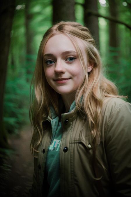 a woman exploring a forest at night, cinematic lighting, perfect evening, stunning face, highly detailed face, (amateur, candid), RAW, 8K, UHD, (close up, head shot), smiling, [blonde], <lora:dakotaFanning:1>