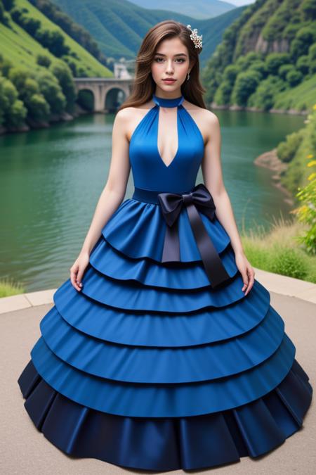 1 woman, 22yo, (realistic, masterpiece, high detailed skin:1.2) (looking at viewer, full body shot, scenic view, long hair:1.2)
<lora:Blue_Halter_Gown_By_Stable_Yogi:1>
blue halter ball gown, waist bow, elbow gloves