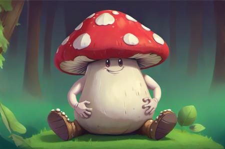 a giant cute mushroom character with arms and legs sitting down smi, v3rd, flatee, <lora:BACKTOON_0.1_RC:0.6>