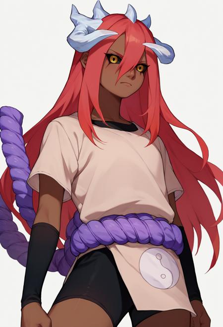 tayuya, red hair, long hair, brown eyes black headwear, tan tunic, purple rope belt, black shorts, arm warmers tayuya, red hair, long hair, yellow eyes, white horns, dark skin