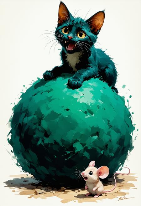 Classic children's book illustration: Low-angle, mouse-eye view. An emerald cat, baring an ivory-toothed grin, leans on an immense, dark, fluffy wool ball. 
Below, a tiny bright pink mouse, gazes upward.
Soft, painterly rendering with a palette of vibrant emerald, bubblegum pink.
Warm directional light creates gentle shadows, highlighting gleaming teeth and plush fur. Atmosphere of whimsical suspense and charming peril, focusing on the cat's wide grin and the mouse. Subtle storybook vignette.