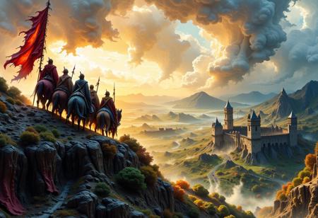 an epic painting in the style of Anato Finnstark, in the style of Jed-clrfl, a cavalry squad stands on a hill, banners flying, down the hill there is a vast valley with a fortress, the sky is cloudy but the sun still casts visible rays of light on the ground
