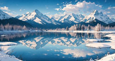 reflection, tree, sky, cloud, scenery, outdoors, water, mountain, lake, day, cloudy sky, bare tree, reflective water, blue sky, snow, landscape,no humans