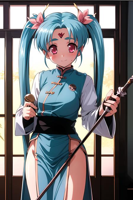 masterpiece, 1girl, pretty sammy, hair flower, chinese clothes, magical girl, magic circle, fantasy, shrine, (large breasts:0.8), standing, cute, holding, wand, holding magic scepter, blush, aqua hair, long twintails, forehead mark, temple, glowing runes, magical, best quality