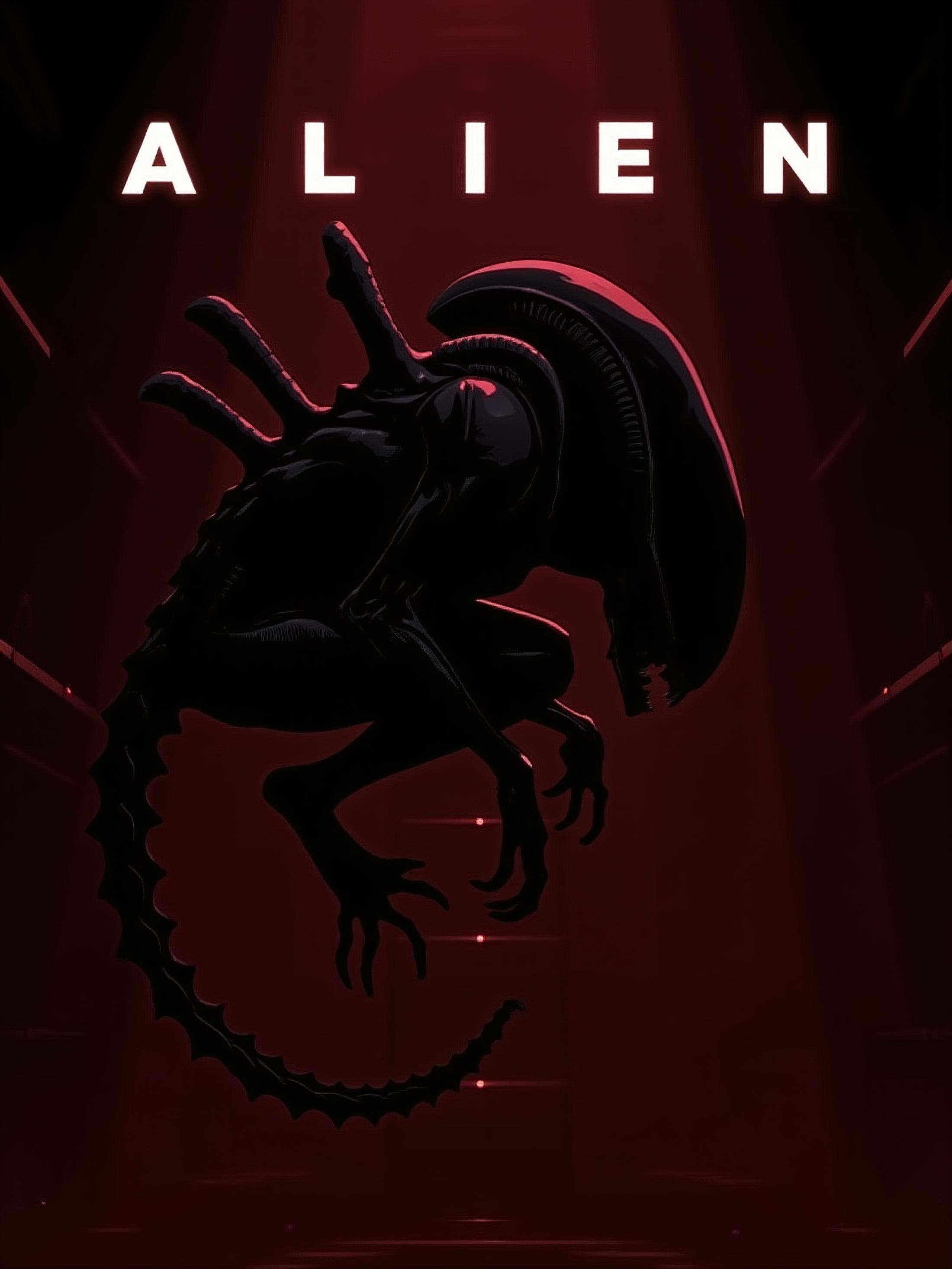 Anime style comic book cover, rule of thirds, xenomorph as the protagonist curled up holding its knees, floating with its long tail curled, back lit, rim lighting, dark, brooding.
background is red lit air lock.
Book title is "ALIEN" in bold letters.