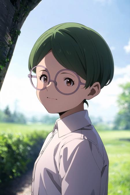 glida, neverland, 1girl, upper body, solo, looking at viewer, short hair, shirt, brown eyes, white shirt, upper body, outdoors, green hair, sky, glasses, day, collared shirt, cloud, blurry, tree, blue sky, depth of field, blurry background, <lora:Glida:0.8>