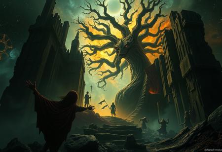 BEHOLD moblin, A universe inside a universe within mysteriously unknowable known in an unfathomable realm of fantastic creation inhabited by ancient shadows of a forgotten time beyond the gate of the gateless gate where life is limitless, light is shadow and shadow is light, eerie sense, horror, spark of the beginning, existence and nonexistence at once, ethereal, behold the end of the beginning, inglorious glory to the dark one, betrayal of the ancient order, beware 7headed beast, destroyer of old ways, bearer of unbearable, nightmarish, archaic runes, tree aging backwards, breath of gods, ruins of a place unimagined, extreme intricate detail, photorealistic, beyond epic scene, fate discarded, unseeable face of god, the end is the beginning, the beginning is the end, man arises as god dies, as above so below, as below so above, emerald tablet, thoth, guardian and saboteur of existence, hopeless hope, ghosts of the unborn, conception of the inconceivable, cosmic well of imperceptible perception, evil aura, infinite emptiness, pillars of void, overwhelming subtlety, abstract sacred geometry, beams of readiness without intention, gift of doom, despair of the ages, hidden secret warnings from dead gods, carved by the conductor of unholy loneliness of time incarnate, consumed by the night itself, beautiful tragedy of hellish discovery, unraveling mist of unreal reality, philosophers stone, proclaim the nameless name of collapsed eternity, infernal maleficium, center of unfound