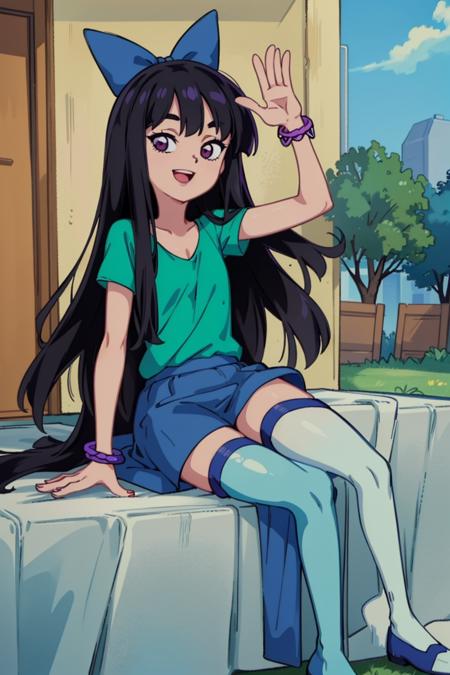 (masterpiece:1.4), (best quality:1.4), (high resolution:1.4), portrait, stacy hirano, looking at viewer, black hair, blue bow, blue skirt, green shirt, long hair, purple bracelet, (white legwear:1.4),pose, smile, ;D, outdoors, waving,  <lora:stacy_hirano_v1:1>