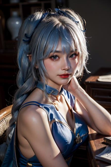 (masterpiece), (best quality:1.0), (ultra highres:1.0), (photorealistic:1.4), 1girl,  (blunt bangs:1.4),  ((focus face)),Blue eyes,extremely detailed face, extremely detailed eyes, blue cheongsam, Blue stockings, Blue hair,Long hair, double ponytail, braids,smile, solo focus, looking at viewer, detailed beautiful skin, (perfect lighting), night, bedroom