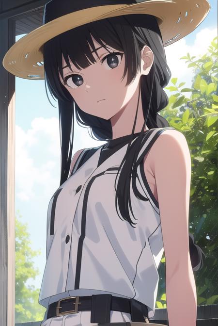 anzuhanashiro, <lora:anzuhanashiro-lora-nochekaiser:1>, 
anzu hanashiro, long hair, bangs, black hair, sidelocks, blunt bangs, (black eyes:1.5),
BREAK shirt, hat, white shirt, sleeveless, belt, pants, sleeveless shirt, white headwear, braid, single braid,
BREAK looking at viewer,
BREAK aquarium, indoors,
BREAK <lora:GoodHands-vanilla:1>, (masterpiece:1.2), best quality, high resolution, unity 8k wallpaper, (illustration:0.8), (beautiful detailed eyes:1.6), extremely detailed face, perfect lighting, extremely detailed CG, (perfect hands, perfect anatomy),