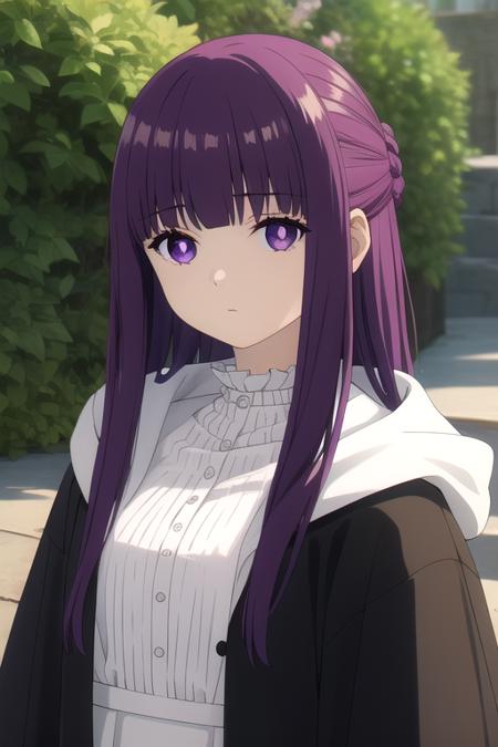 long hair,purple hair,straight hair,half updo,hime cut,sidelocks,blunt bangs,purple eyes,bright pupils,white pupils hooded robe,hood down,black robe,white shirt,frills,buttons,long sleeves,medium breasts,long skirt,white skirt,black boots