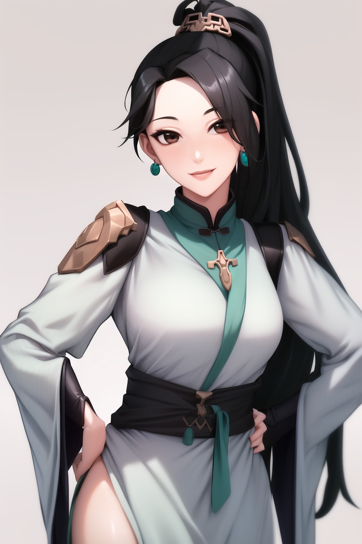 sage(valorant), 1girl, solo, black hair, long hair, jewelry, chinese clothes,brown eyes, earrings, hand on hip,smile, pony...