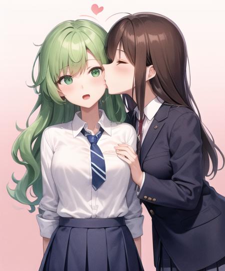 <lora:kissingcheek:0.7> kissingcheek, long hair, blush, short hair, open mouth, bangs, multiple girls, skirt, simple background, brown hair, shirt, long sleeves, 2girls, school uniform, green eyes, blue hair, closed eyes, white shirt, heart, pleated skirt, necktie, striped, collared shirt, yuri, blue skirt, gradient, gradient background, wavy hair, pink background, striped necktie, diagonal-striped necktie