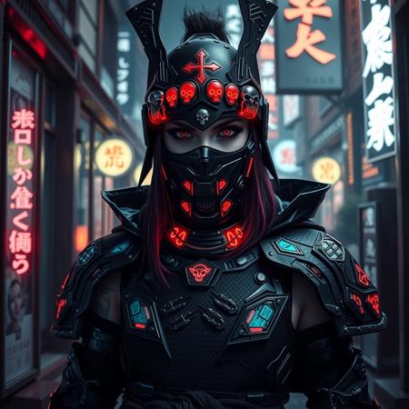  A photorealistic full-body vertical portrait of a fierce goth vampire samurai girl with pale skin and sharp, aggressive features, set in a dystopian Neo-Tokyo inspired by Blade Runner. She has intense goth makeup with heavy black eyeliner and dark eyeshadow, and a cold, defiant gaze. Her mengu mask is gothic and futuristic, with skull motifs, spiked edges, and glowing engravings in neon red and electric blue. Her samurai armor blends tribal and cyberpunk influences: black carbon fiber plates, crimson LED accents, turquoise circuitry, and angular, tech-enhanced design elements. She stands confidently in a rain-slick neon-lit alley, surrounded by holograms, mist, and glowing kanji signage. The atmosphere is dark, cinematic, grainy like 16mm film, and full of cyberpunk tension. No text or letters appear in the image.   The atmosphere is moody and cinematic, with soft bokeh, dramatic lighting, and a grainy 16mm film look. Highly detailed, rich in emo and goth influence, with no text or letters in the image.

Simulating Kodak Ektacolor Pro 160, with a custom white balance at 5500K. cinematic lighting, analog film, film grain, kodak chrome, cool cinematic tones,high contrast, sharp details, with moody lighting that adds depth,. (cinematic atmosphere:1.3), deep photo, depth of field, (black hair)), , (ambient occlusion), (cinematic lighting:1.3), (4K image quality:1.3), (sharp detail:1.3), (highly realistic:1.3), (dim warm cinematic lighting:1.3)
