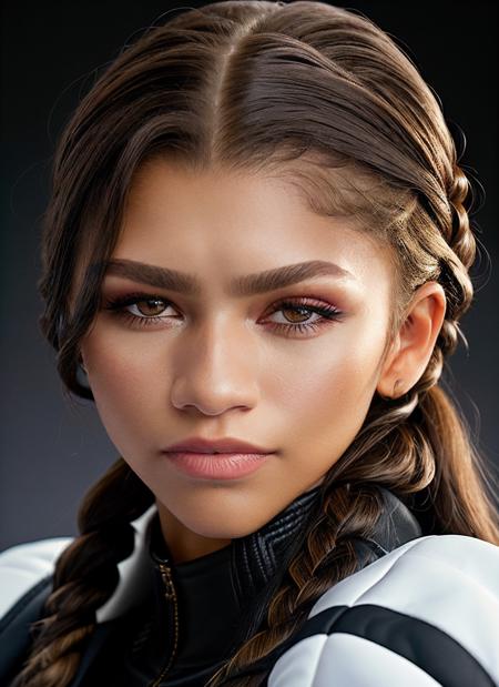 portrait of skswoman, :o , wearing luxury fashion , with dark brown Side braid epic (photo, studio lighting, hard light, sony a7, 50 mm, matte skin, pores, colors, hyperdetailed, hyperrealistic), <lyco:Zendaya:1.2>