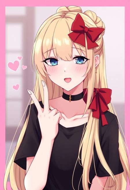 ource_anime, minako aino, blonde hair, blue eyes, bow, hair bow, half updo, long hair, red bow,
black shirt, t-shirt, black choker, goth, eyeliner, eyeshadow double middle finger, tongue out